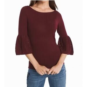 White House Black Market 3/4-Sleeve Lace Bell Sleeve Sweater Burgundy Women XS